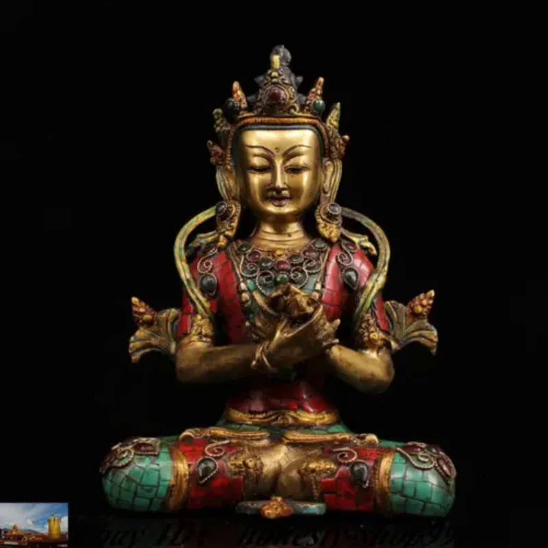 

10" Tibetan Buddhism bronze Gilt Inlay turquoise gem Tara KwanYin Buddha statue