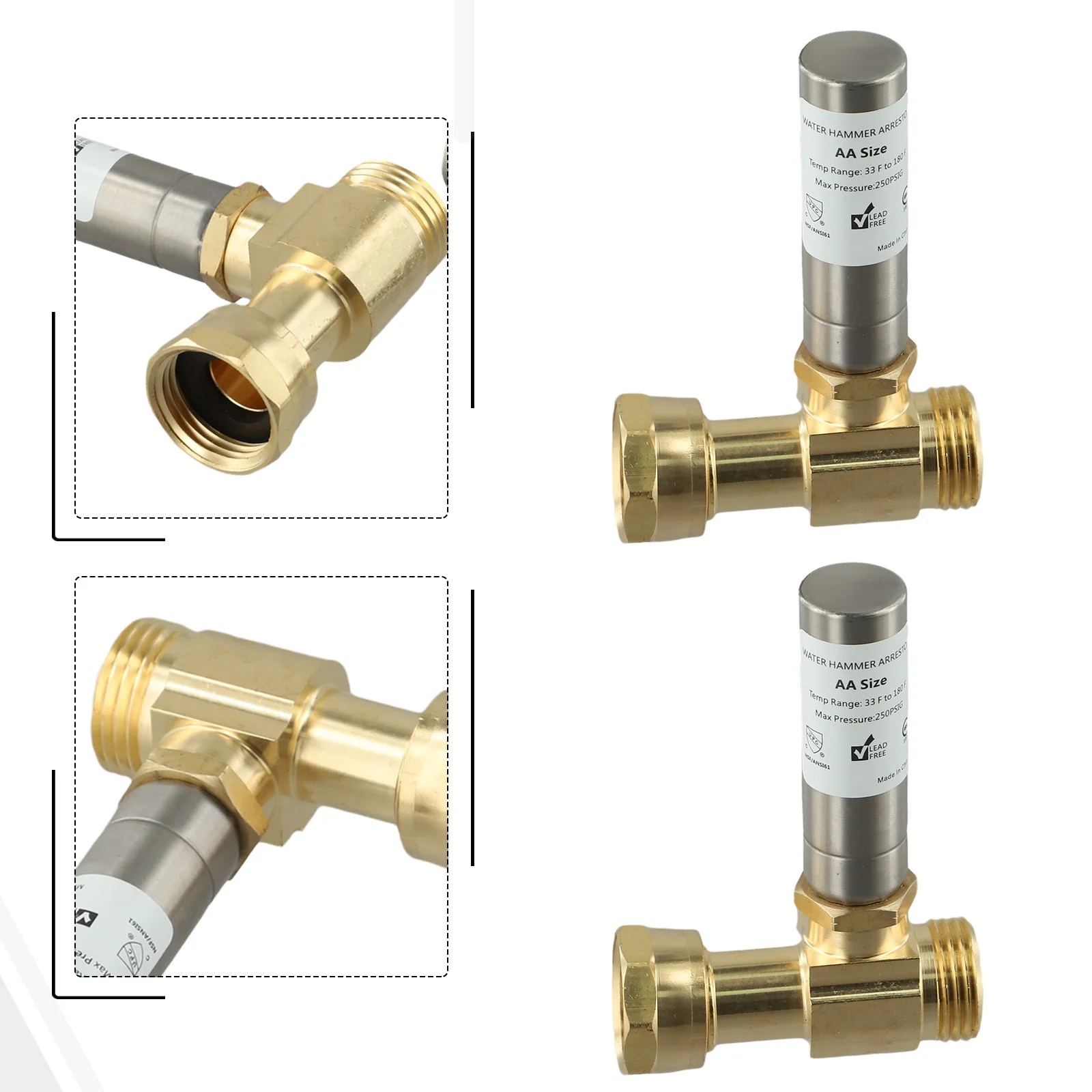 Edelstahl-Wasserhammerabsorber, 3/4 Zoll NH-Gewinde, Messing-T-Stück-Verbinder für Waschmaschinen, zur Geräuschreduzierung in der Sanitärinstallation. – Detail 24