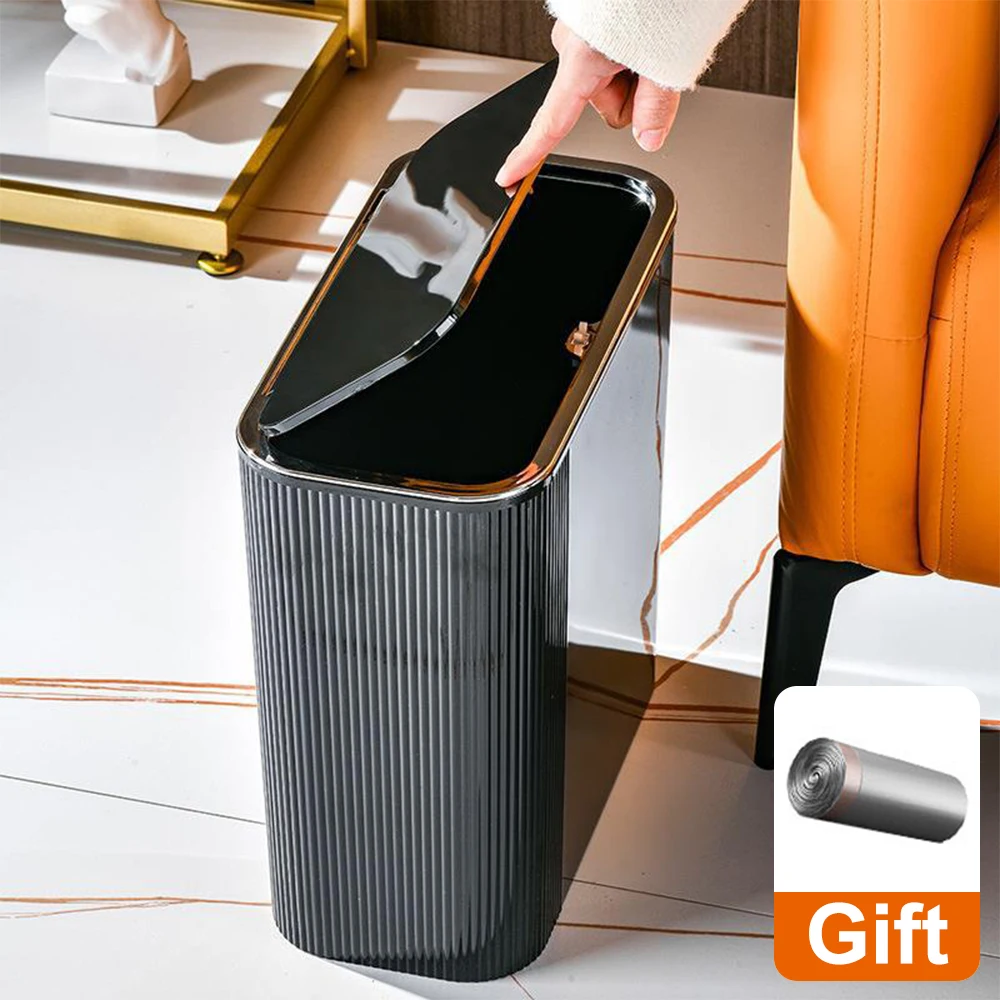 

14L Narrow Press Ring Trash Can with Lid Wastebasket for Bathroom Gap Kitchen Foot Waste Dustbin Toilet Garbage Can Light Luxury