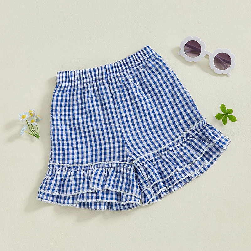 Girls Summer Plaid Print Shorts with Elastic Waistband and Ruffled Wide Leg Design - Adorable and Stylish Kids Clothing for