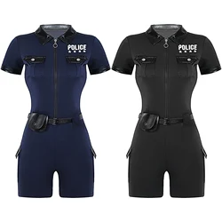 Women Policewoman Costume Police Romper Uniform Cop Officer Outfit Zipper Jumpsuit with Belt Purse Sets Halloween Party Dress Up