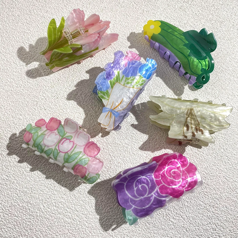 Sweet Acrylic Double Sided Flower Printed Hair Claw Clip For Women Oversize Geometric Shark Hairpin Headwear Hair Accessories