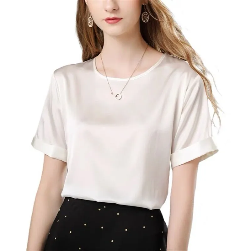 Women basic wild artificial silk Shirt Blusas Korean chiffon Tops Summer streetwear Short Sleeve casual solid Satin Blouse