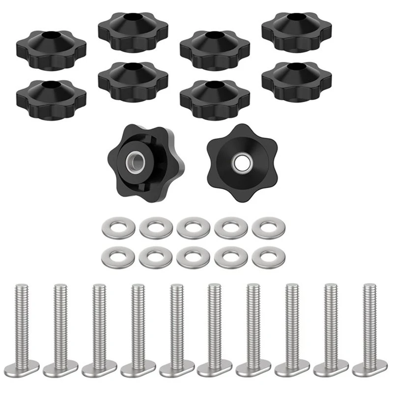 AB42-T-Slot Bolt Knob Kit(10 Sets), T-Track Accessories Including Washers And Star Knobs For Woodworking Jigs