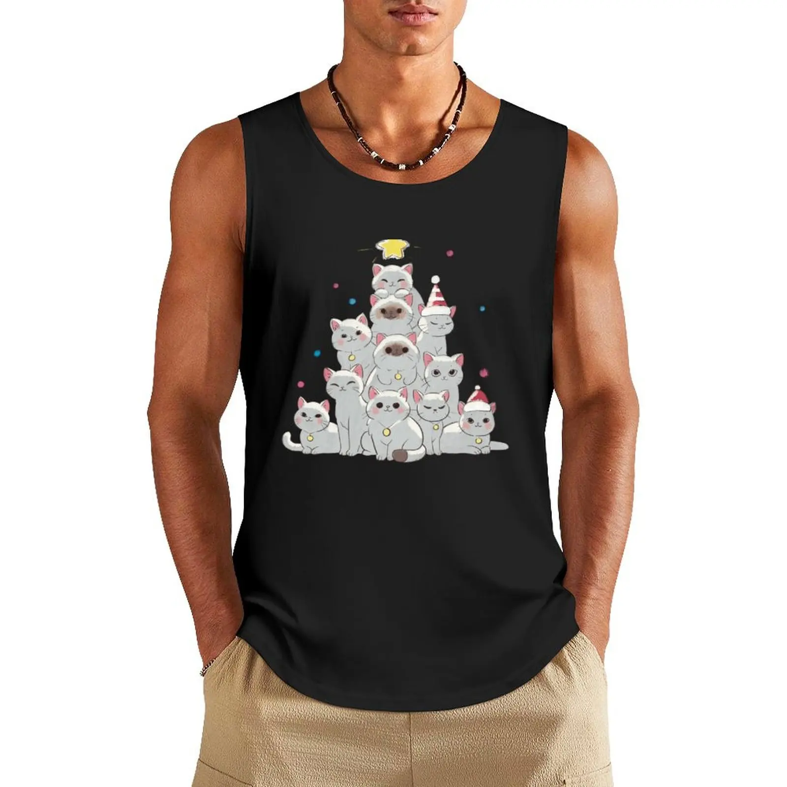 

A Christmas tree made of cats, painted in watercolor. Tank Top sleeveless man shirts Men's t shirt Men's sleeveless gym shirts