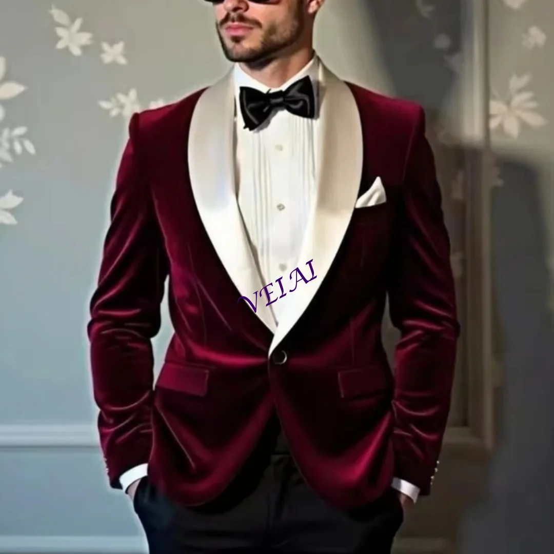 Traje personalizado de terciopelo burdeos para hombre, traje Formal de negocios para novio, padrino de boda, fiesta de graduación, esmoquin para hombre, conjunto de 2 piezas, chaqueta y pantalones