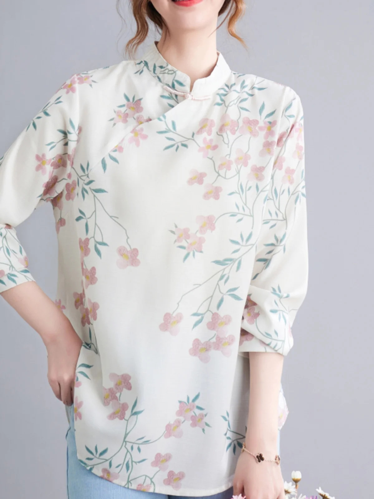 Rétro chinois Sle Long Sve irt femmes coupe ample imprimé Qipao haut boutonné Ele minceur automne Faion