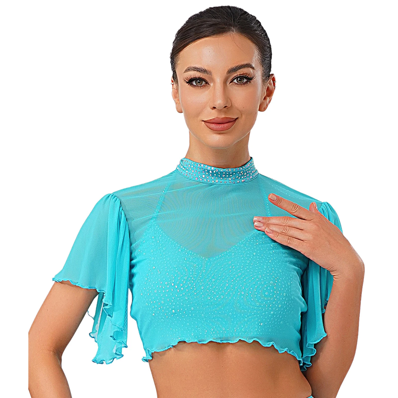 

Womens Sheer Open Back Lyrical Ballet Top Short Sleeve Rhinestone Crop Cardigan for Performances And Recitals Modern Dancewear