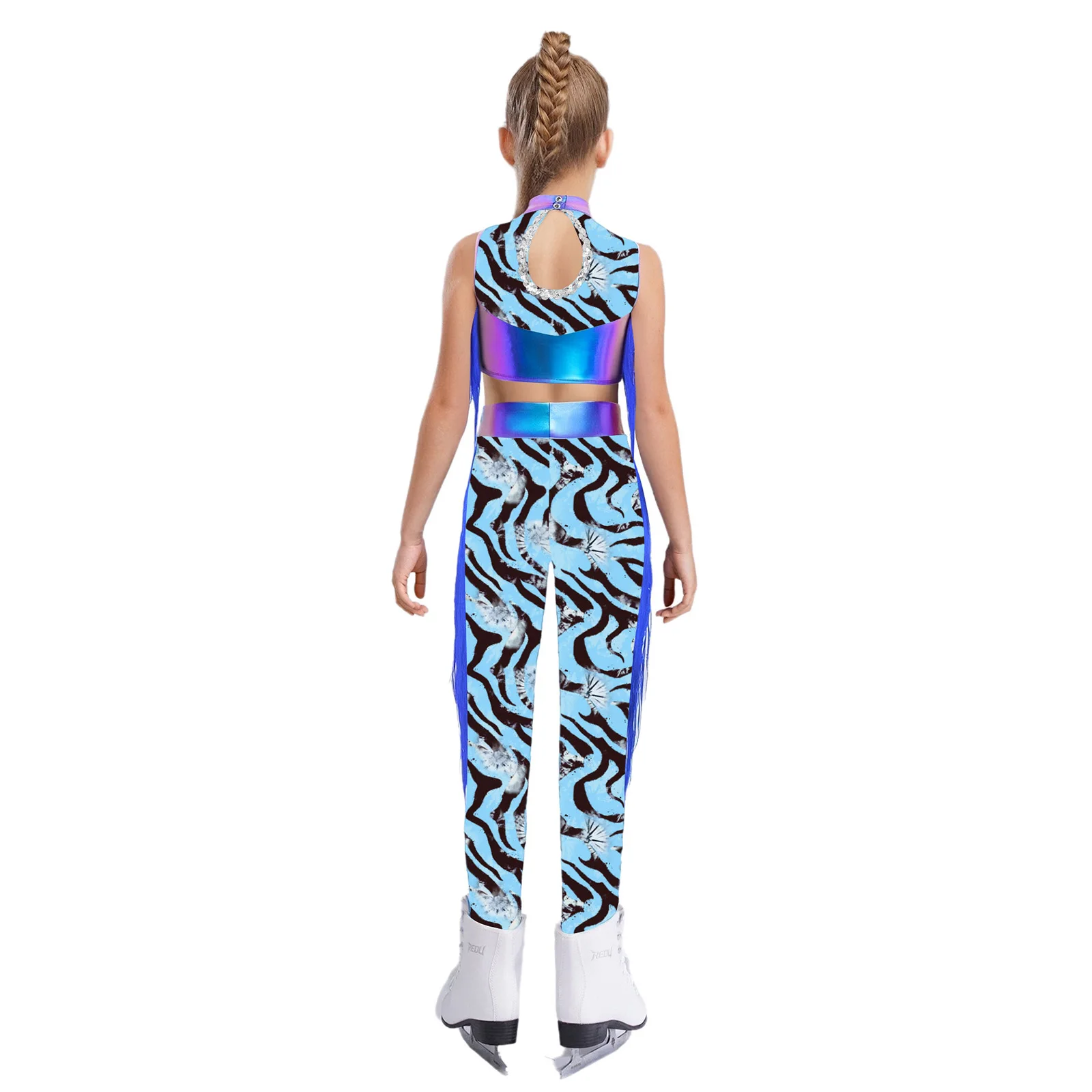 New Girls Jazz Dance Performance Set Zebra-Stripe Tassel Sports Suit Sleeveless Keyhole Back Tops+Leggings 2-piece Dancewear Set