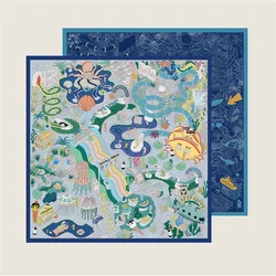 POBING Manual Hand Rolled Twill Silk Scarf Women Ocean Park Double Print Square Scarves Wraps Echarpes Foulards Femme Hijab 90CM