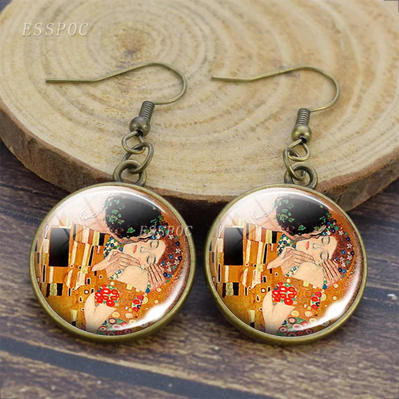GustAbility-Klimt The Kd'appareils Art Cabochon Circle Dangle Boucles d'oreilles, Boucles d'oreilles pendantes en cuivre, Bijoux d'oreille faits à la main pour femmes