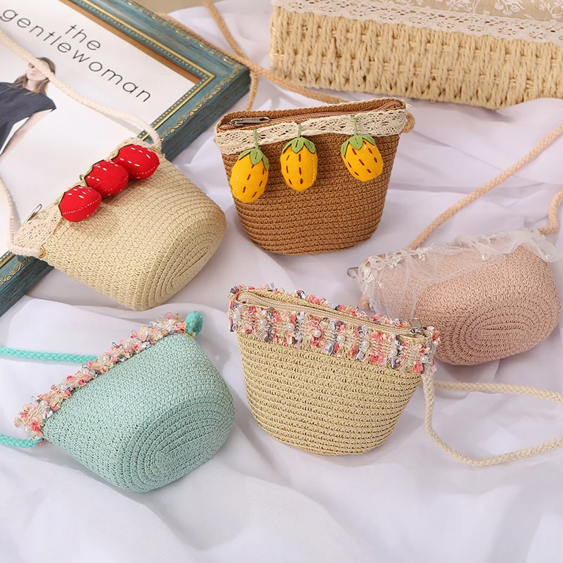 Sweet Cute Lace Children's Shoulder Bag Fashion Straw Baby Girls Crossbody Bags Solid Color Woven Kids Small Coin Purse Handbags