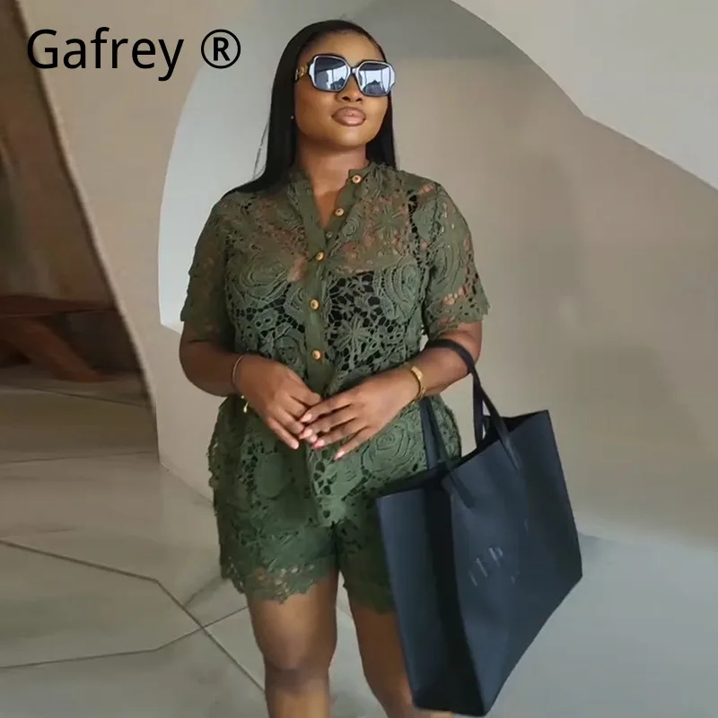 Women Sweet Lace Stand Collar Two Piece Set Summer Short Sleeve Shirt High Waisted Shorts Fresh Cute Matching Outfit Vacation