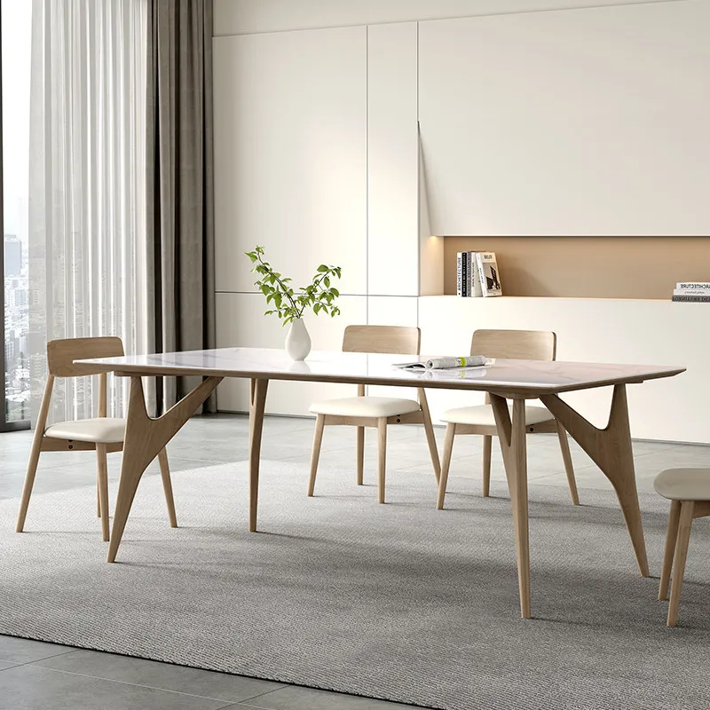 Cream style  rock slab  solid wood legs ash wood log color Nordic modern simple rectangular dining table