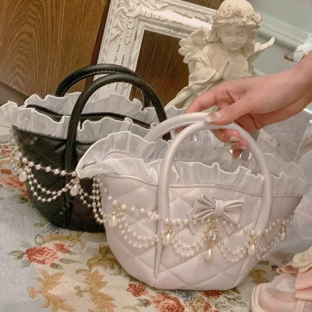 

Beautiful Pearl Bow Tote Bag Original Lace Sac Femme Elegant Bolso Lolita Hand Bags for Woman New Youth Bolsos De Mujer