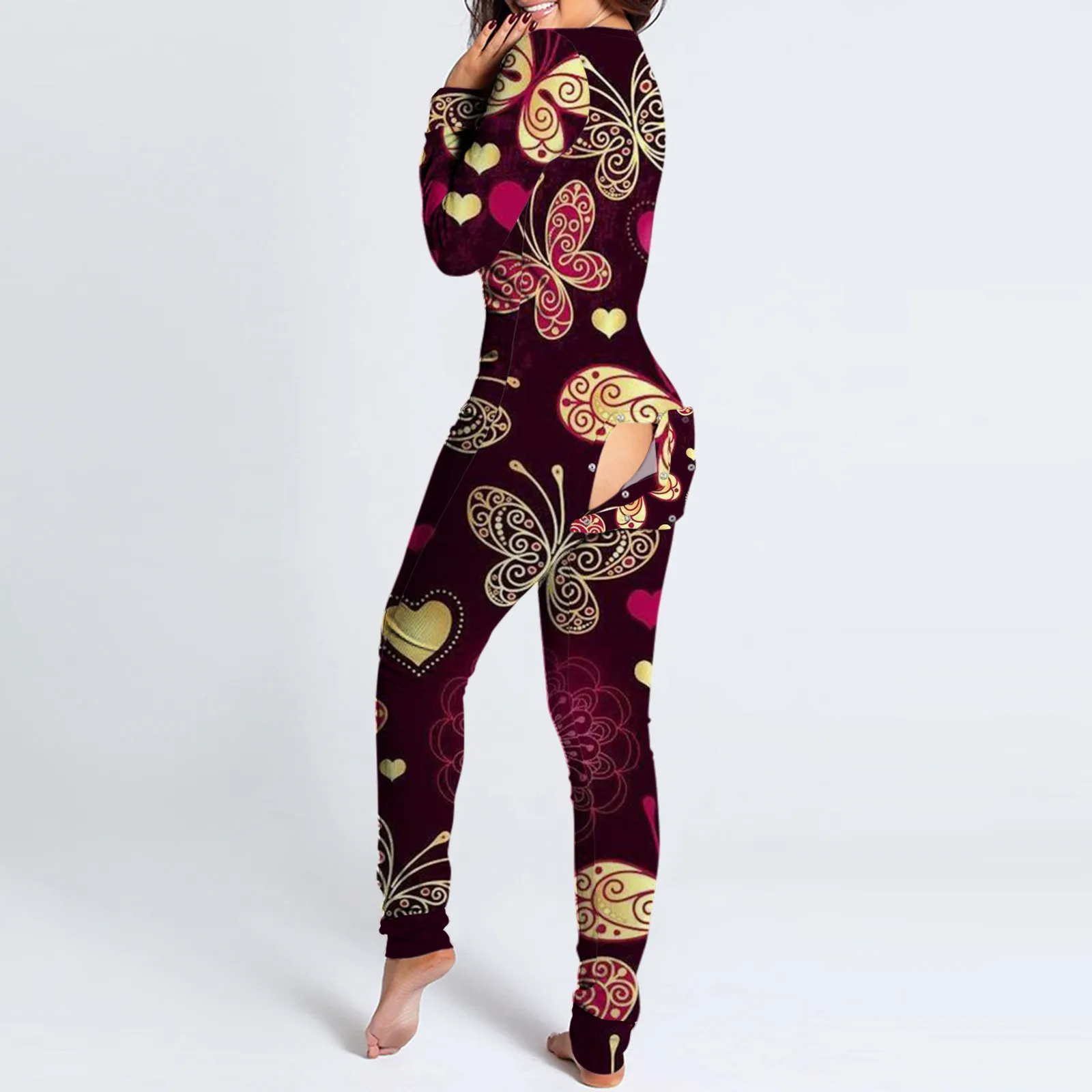 Valentijnsdag Print Sexy Pyjama Vrouwen V-hals Lange Mouw Rompertjes Butt Dichtgeknoopt Flap Lange Jumpsuits Romper Overalls Nachtkleding