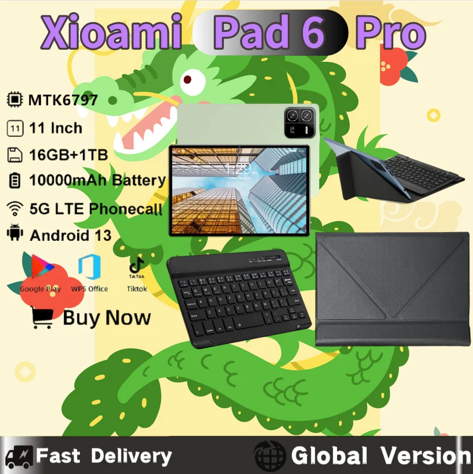 

2025 New Pad 6 Pro Xioa Tablet Android13 16GB RAM 1TB ROM 24MP + 48MP Bluetooth 5.0 5G GPS Dual SIM Mi Tablet Bluetooth Keyboard