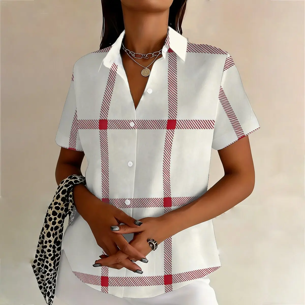 Summer plus-size women's short-sleeve shirt,classic and soft plaid,stylishand vibrant,age-reducing for business occasions. view 2