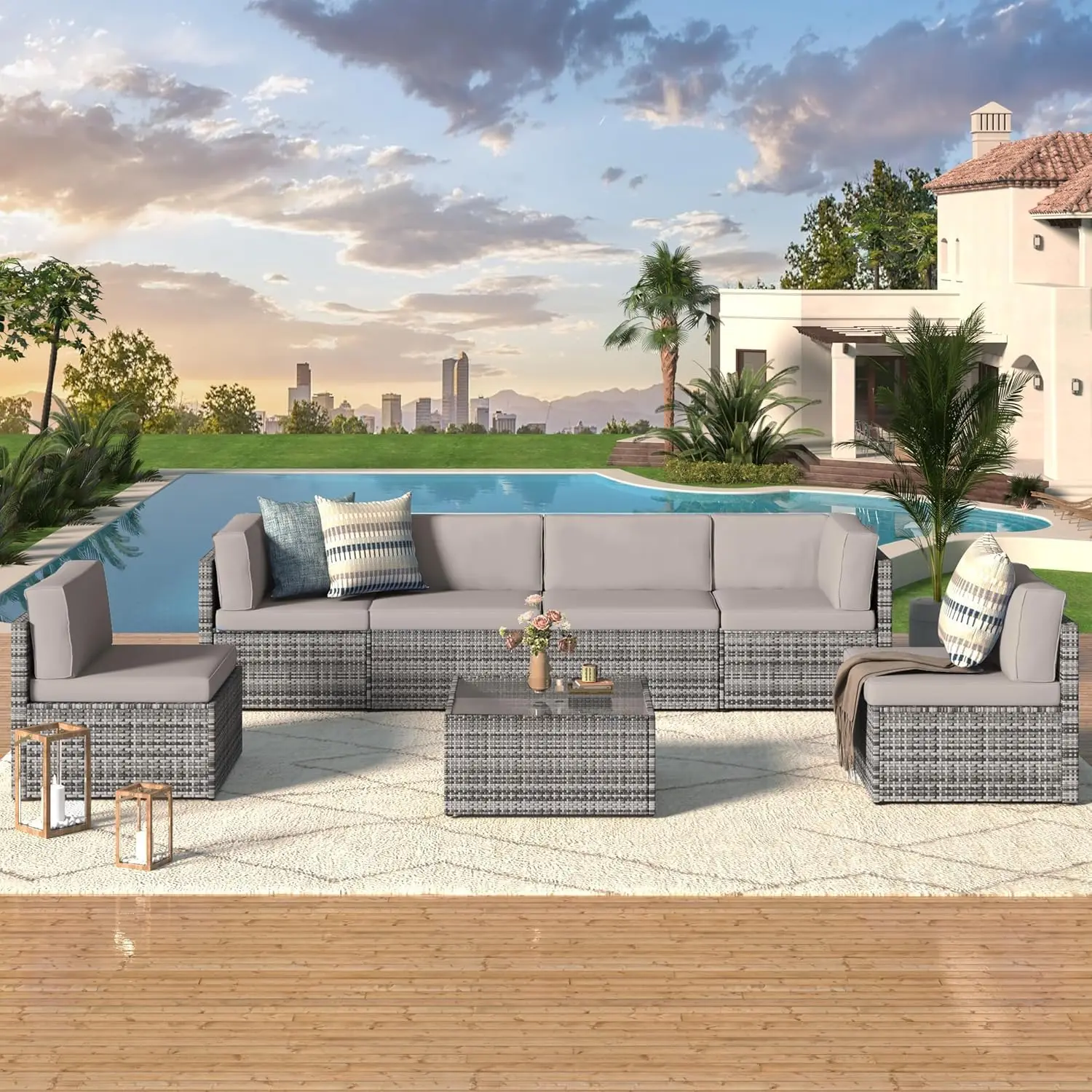 Outdoor Patio Wicker Sectional Sofa Set with Cushions & Tea Table, 7 Piece PE Rattan Furniture, Grey, Customized