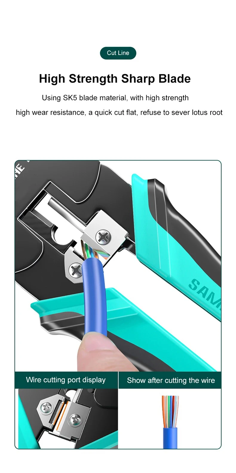 SAMZHE RJ45 Crimpzange 8P 6P 4P Crimper Stripper Cutter 3-in-1 für Cat7 Cat6 Cat5e 8P8C Modulare Steckverbinder Ethernet-Kabelwerkzeug – Detail 4