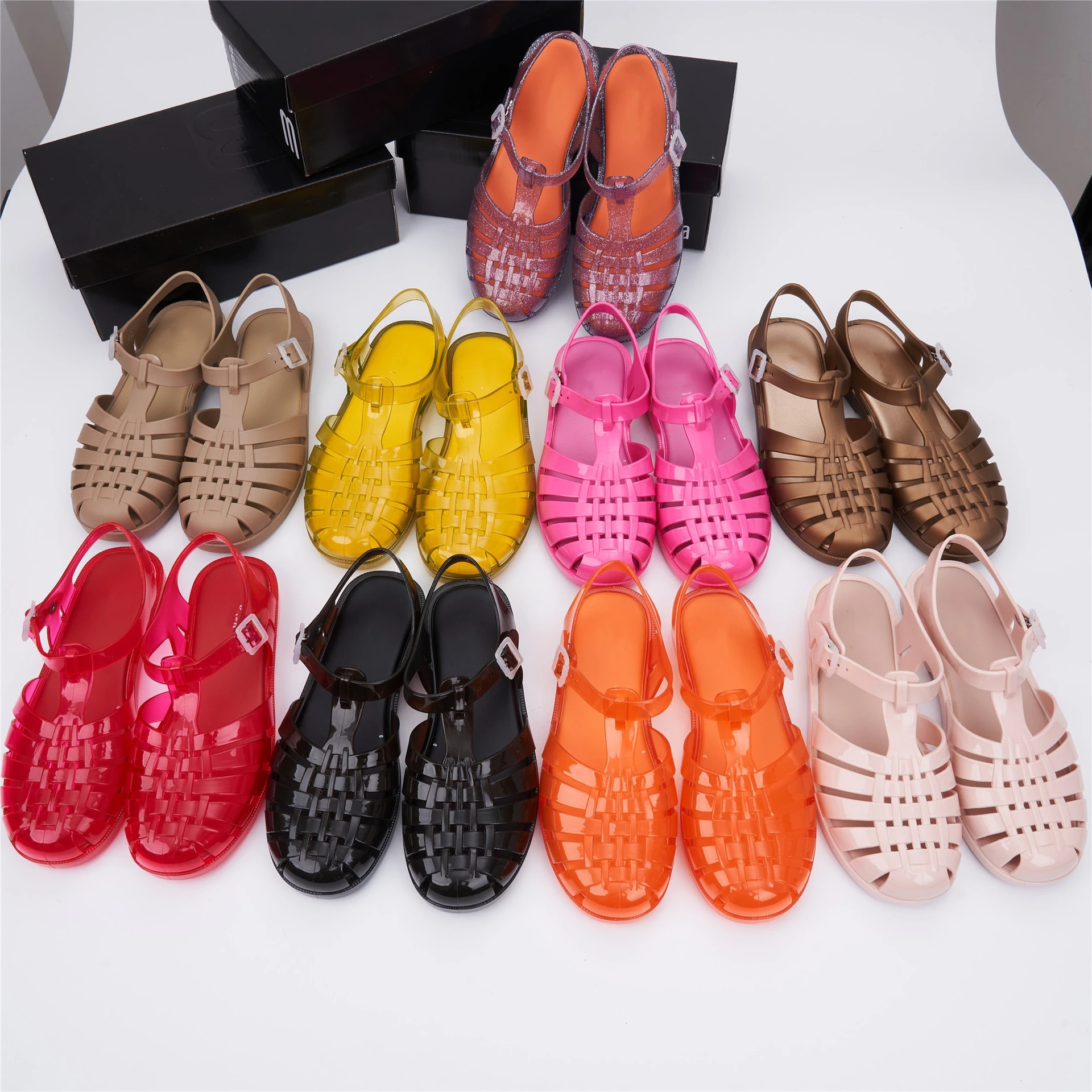 High Quality New Women\'s Retro Woven Jelly Shoes Summer Ladies Flat Heel Hollow Beach Shoes Adult Girls Roman Sandals