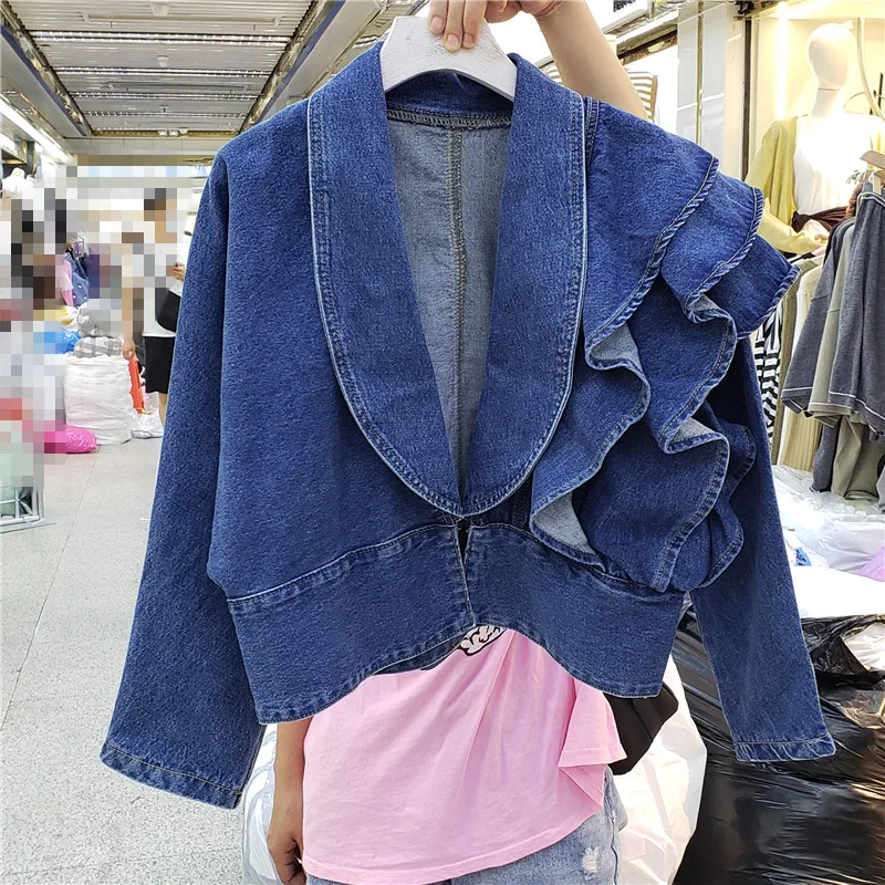 

2023 New Korean Fashion V-neck Ruffles Long Sleeve Short Denim Jacket Women's Novelty Design High Waist Punk Street Jackets Coat