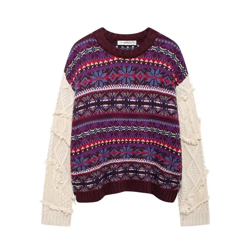 

Модный вязаный лоскутный свитер, осень 2024, цветная блузка, трансграничный женский длинный пуловер Sve Crew Ne A3567