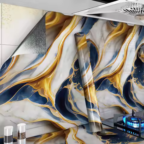 1 Roll of Blue Gilt Marble Self-Adhesive Wallpaper Kitchen Waterproof Easy to Clean Oil-Proof Stickers Home Decoration Background Wall Decoration Wall Stickers