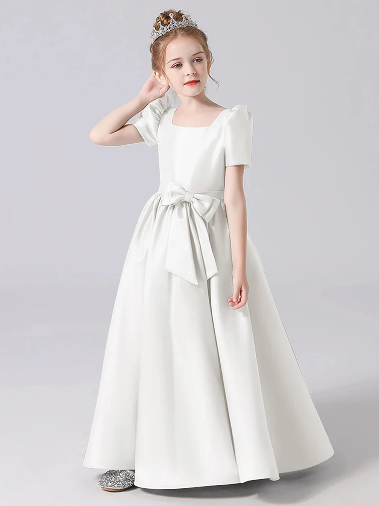 

bespoke Ivory color Flower Girl dress elegant Satin puff sleeve bow princess birthday prom kids pageant communion evening gown