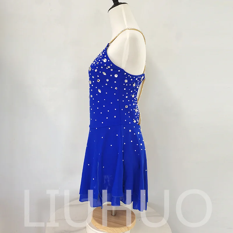 LIUHUO Ice Skating Dress Women Girls Spandex Soild Blue Figure Skating Roller Gymnastics Skating Belly Skirt