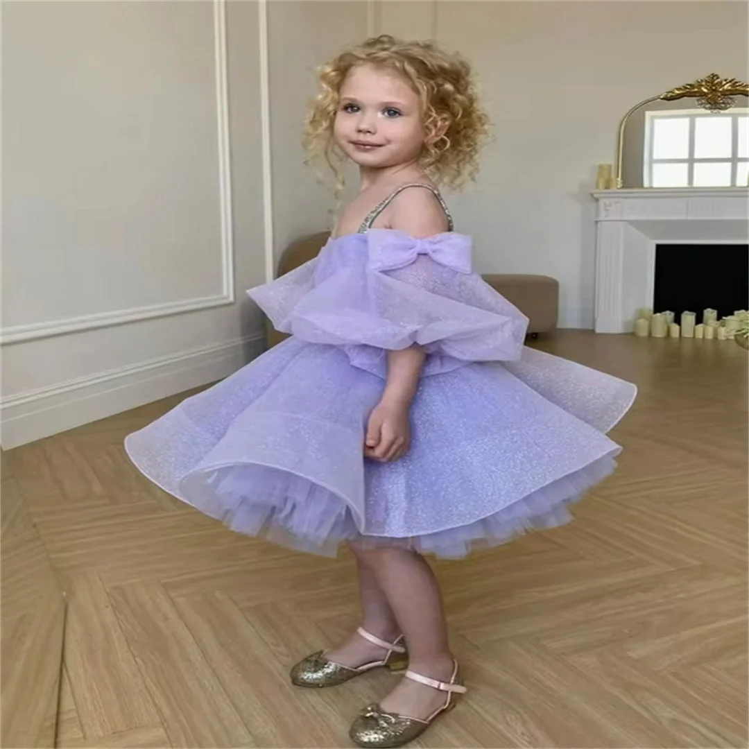 Lavender Flower Girl Dress Elegant Lilac Rustic Lace Tulle Princess Kids Birthday Gift First Communion Gowns Evening