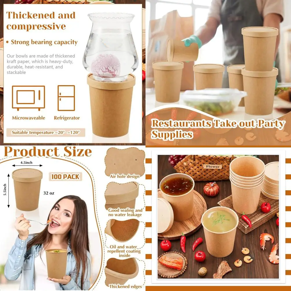 

32 oz Brown Paper Soup Containers with Vented Lids - Microwave & Freezer Safe, Disposable for Restaurants & Parties