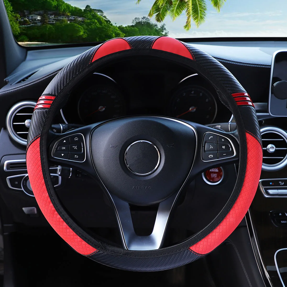 PU Leather Little Monster Steering Wheel Cover, Rimless Car Decoration Item, Elastic Fit for 14.5-15 Inch Wheels FOR CAR ACCESSI