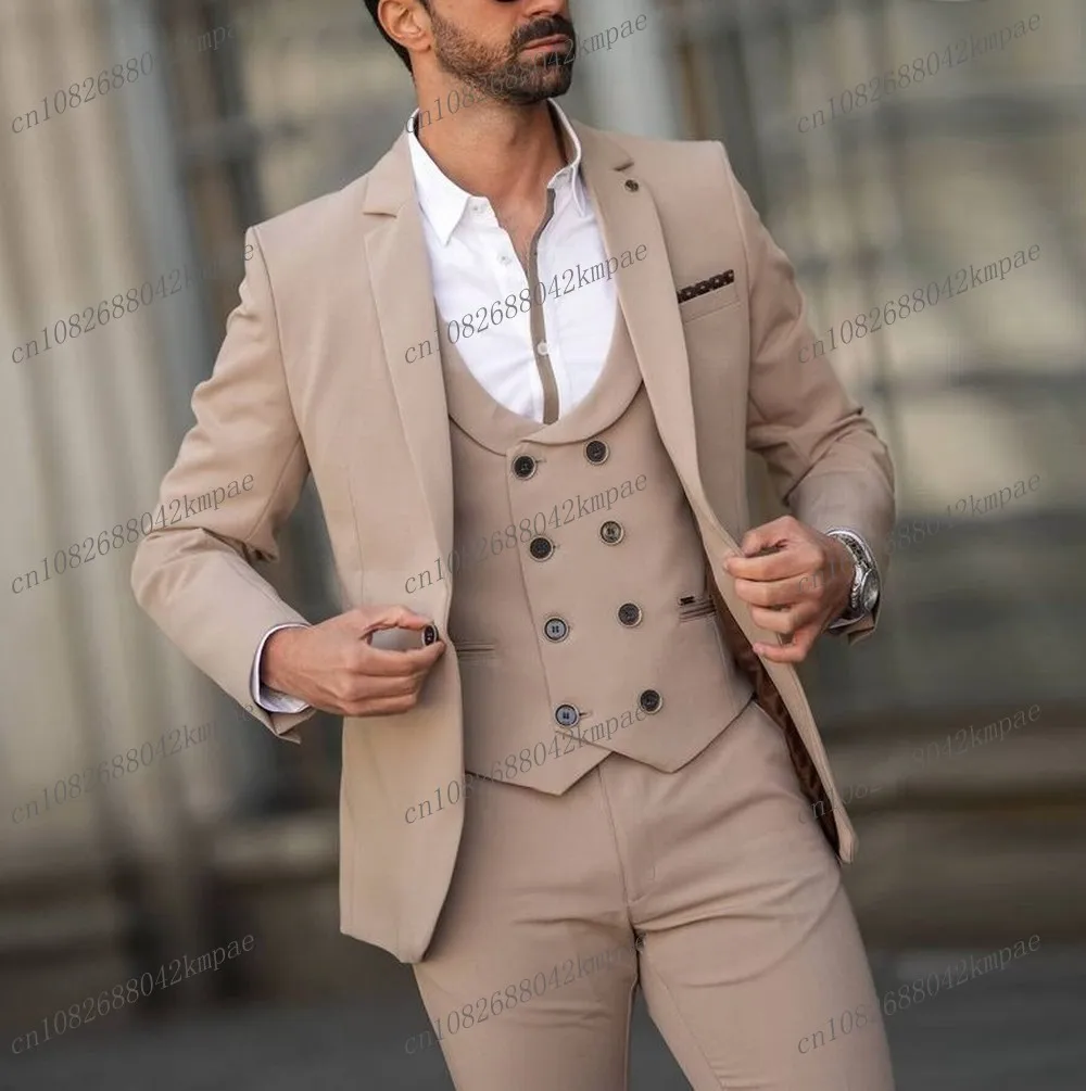 New Beige Men Suit Formal Occasion Groom Groomsman Wedding Party Prom Business Tuxedos Male 3 Piece Set Blazer Vest Pants