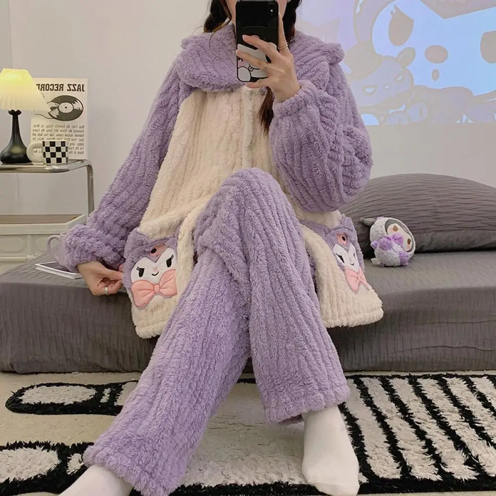 

Anime Winter Kuromi Plush Pajamas Suit Cartoon Women Home Clothes Cute Coral Fleece Soft Warm Sleepwear Kawaii Girls Homewear
