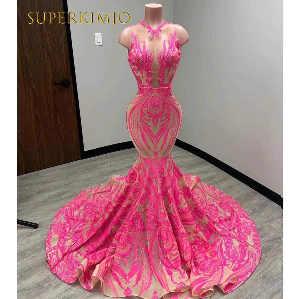 SuperKimJo Sparkly Pink Evening Dresses Vestidos De Ocasion Formales O Neck Sleeveless Mermaid African Formal Occasion Dresses