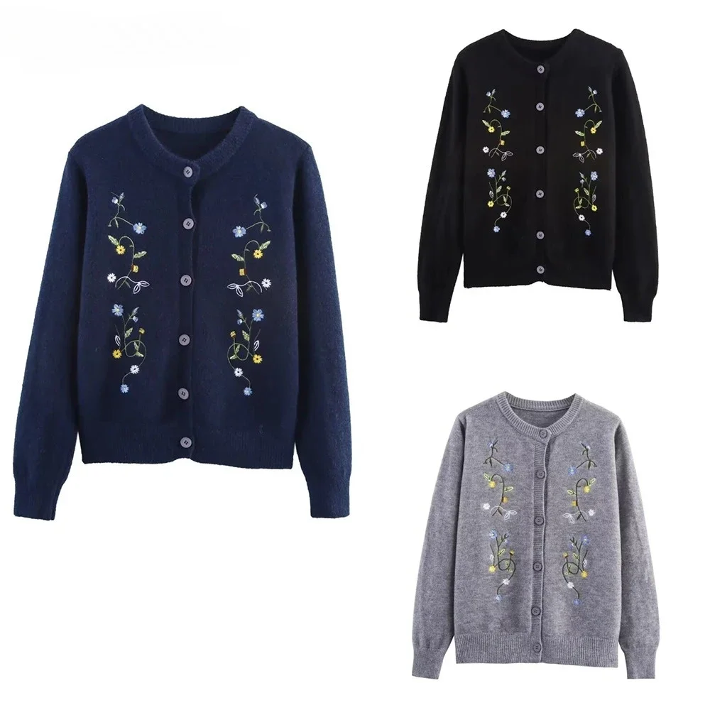 

2025 Новая женская одежда в европейском и американском стиле, модный простой и универсальный повседневный вязаный кардиган с вышивкой