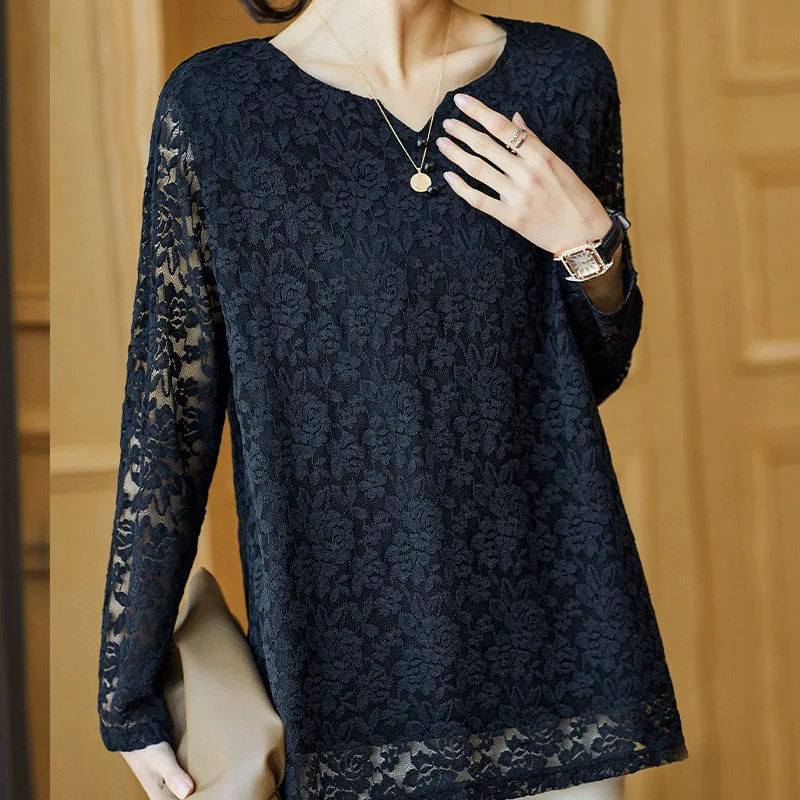 Spring Autumn New Solid Color Fashion Long Sleeve T-Shirts Women High Street V-neck Elegant Lace Patchwork All-match Pullovers