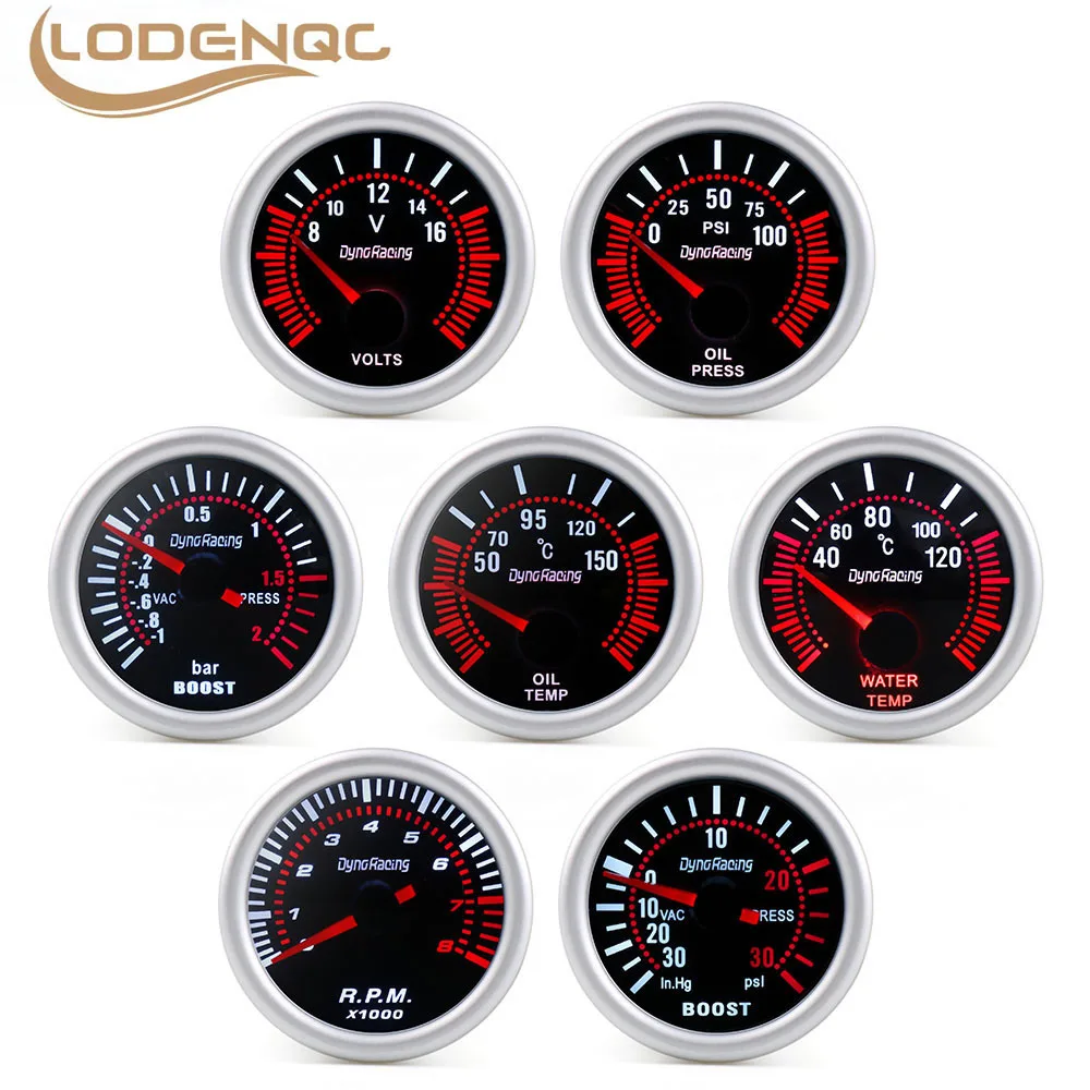 2" 52mm Dynoracing Smoke lens Boost gauge bar psi Vacuum Water temp Oil temp Oil press Voltmeter Fuel level Tachometer rpm gauge