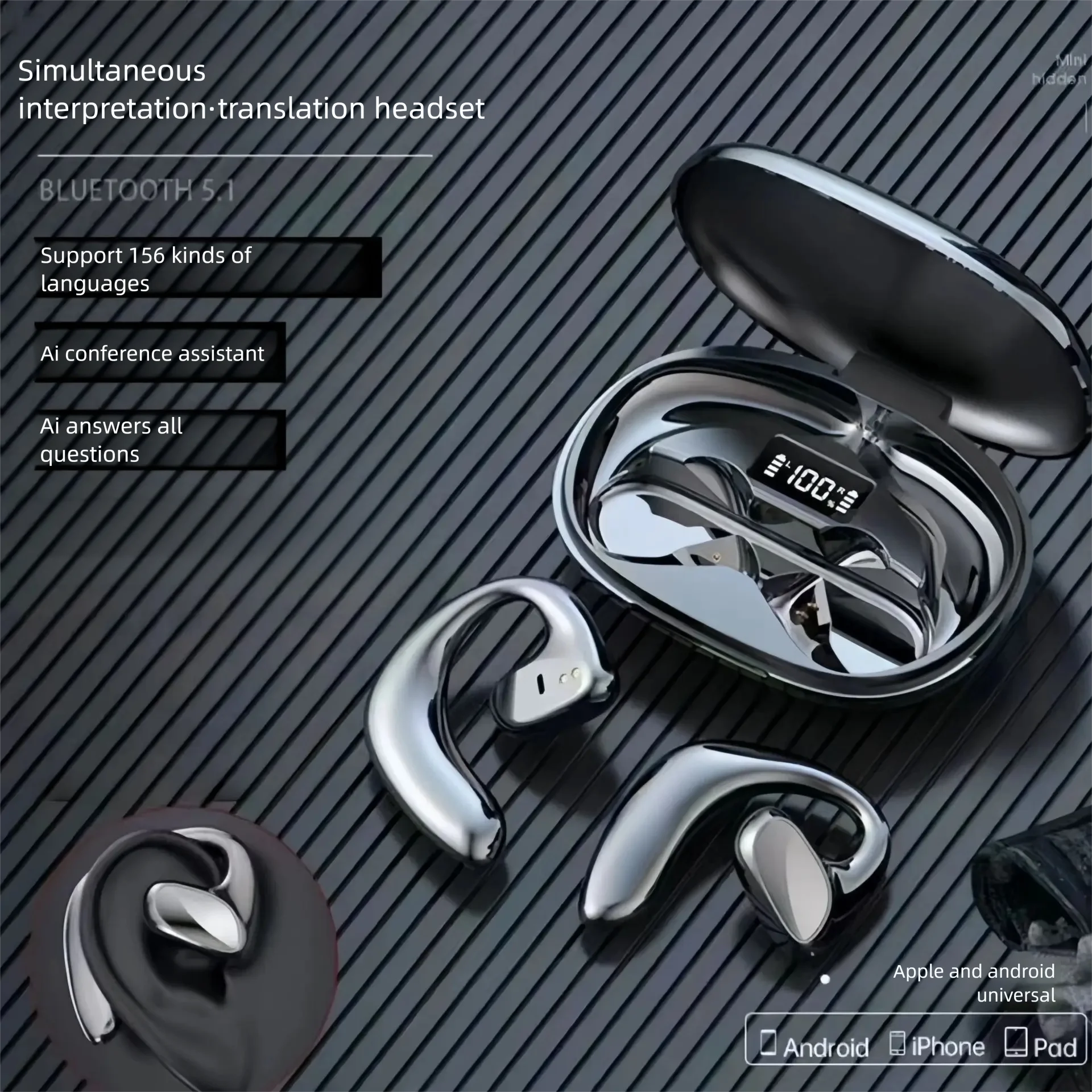 Open Style Bluetooth Earphone Touch Control Support for AI translation in mobile software Power Display Ear Hook Style Headset