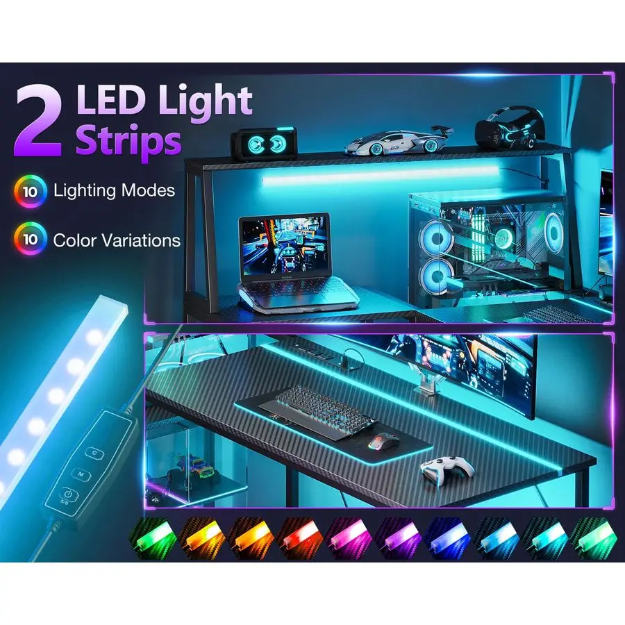 45 Inch L Shaped Gaming Desk with Power Outlet amp LED Lights, Computer Table with Corner Desktop Showcase for CPU Stand, Displ