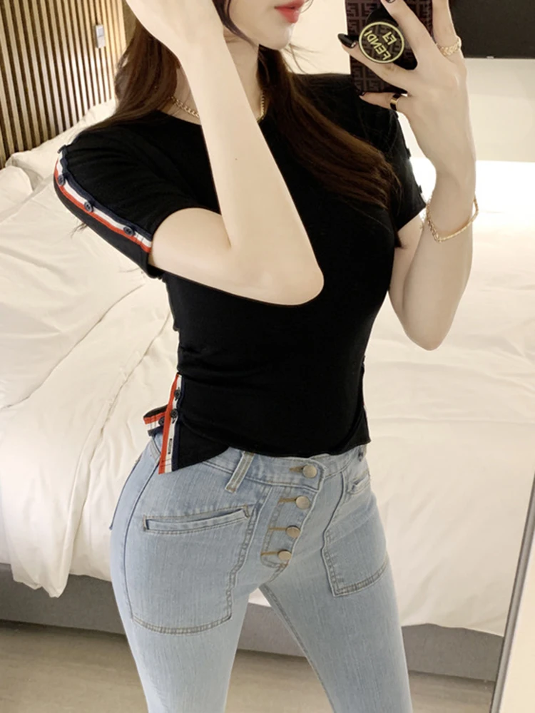 

Pure Cotton ort Sve T-irt Women's Sexy ort Fit Tight Base irt ort Top Spicy Girl Korean Sle Summer Knitted