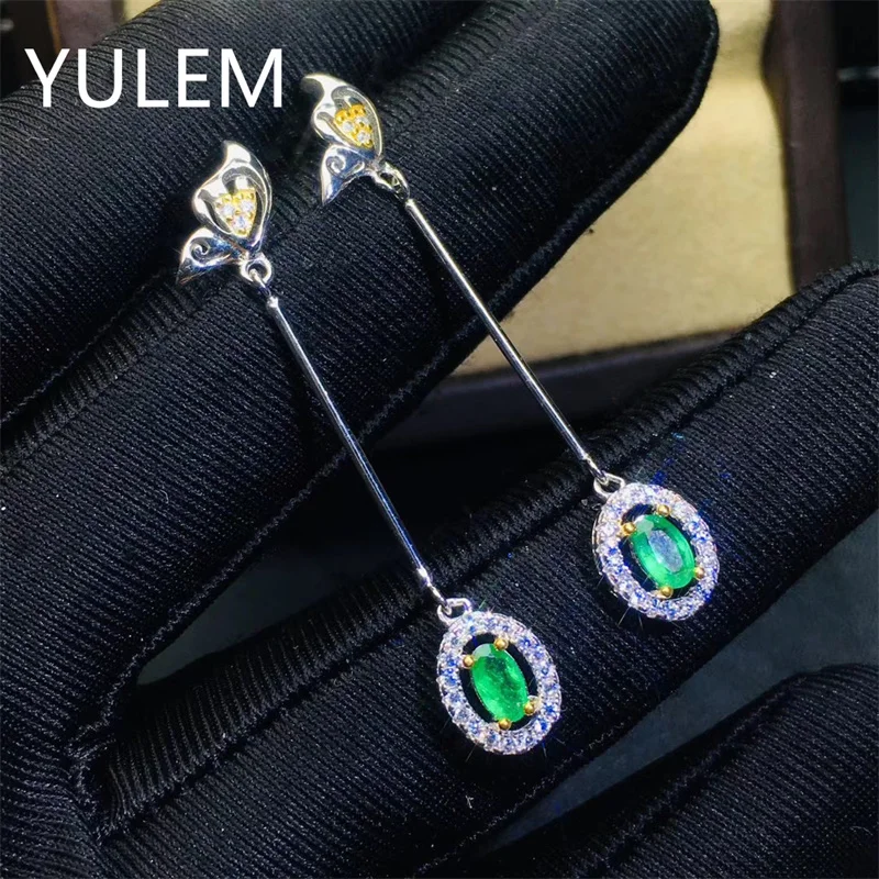 Stud Earrings 4*6mm Natural Emerald Jewelry Free 925 Silver Gemstone Earrings with Gold Plating