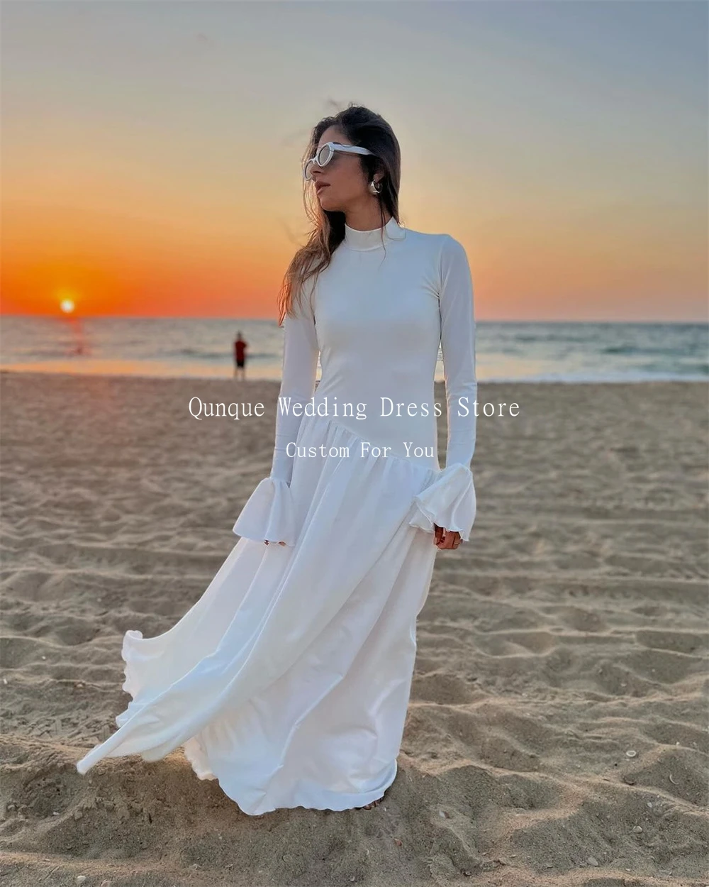 Qunque White Ruched Wedding Dress For Women Simple High Neck Beach Bride Gown Soft Satin Flare Sleeves Robe De Mariée Customized