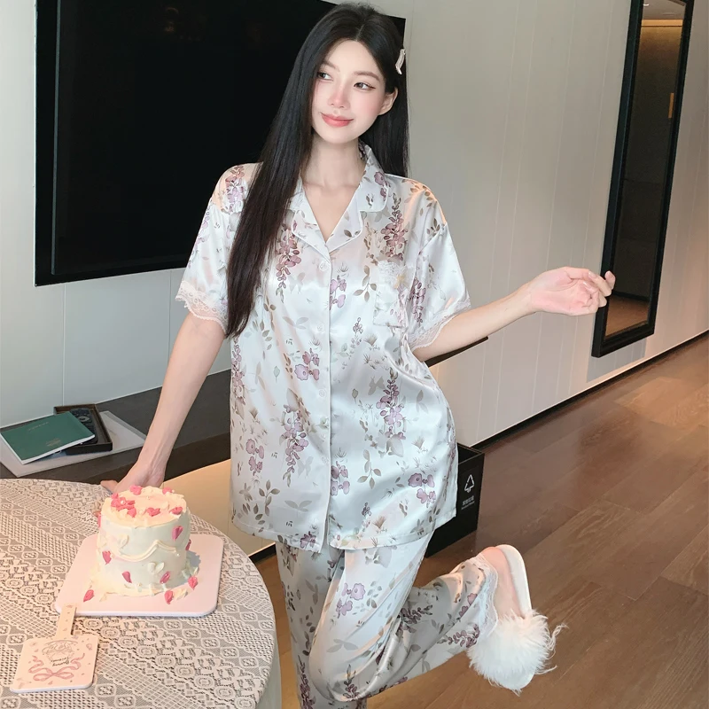 Women's Pajamas Lounge Set Fashion Print Lace Design Sleepwear Button Down Short Sleeve Top Summer New Pajamas Set Home Clothing 5