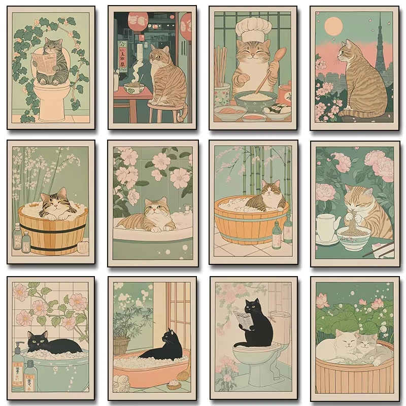 Scottish Cat in A Bathtub Poster Print Black Cat Tabby Cat Eating Ramen Canvas Painting Japanese Wall Art Bathroom Kitchen Decor