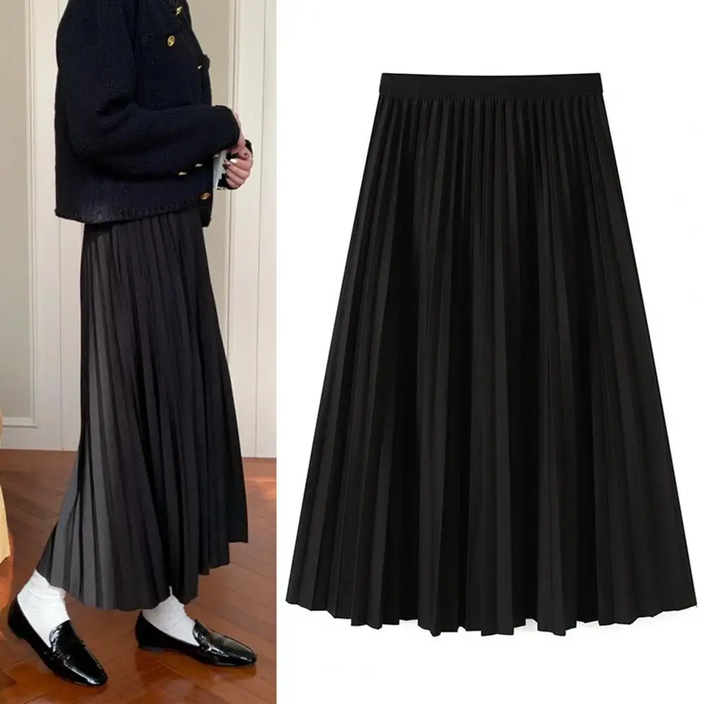 High Waist Pleated Skirt Elegant Women\'s Maxi Skirt with Elastic High Waist A-line Design Pleated Large Hem Solid Color for Work