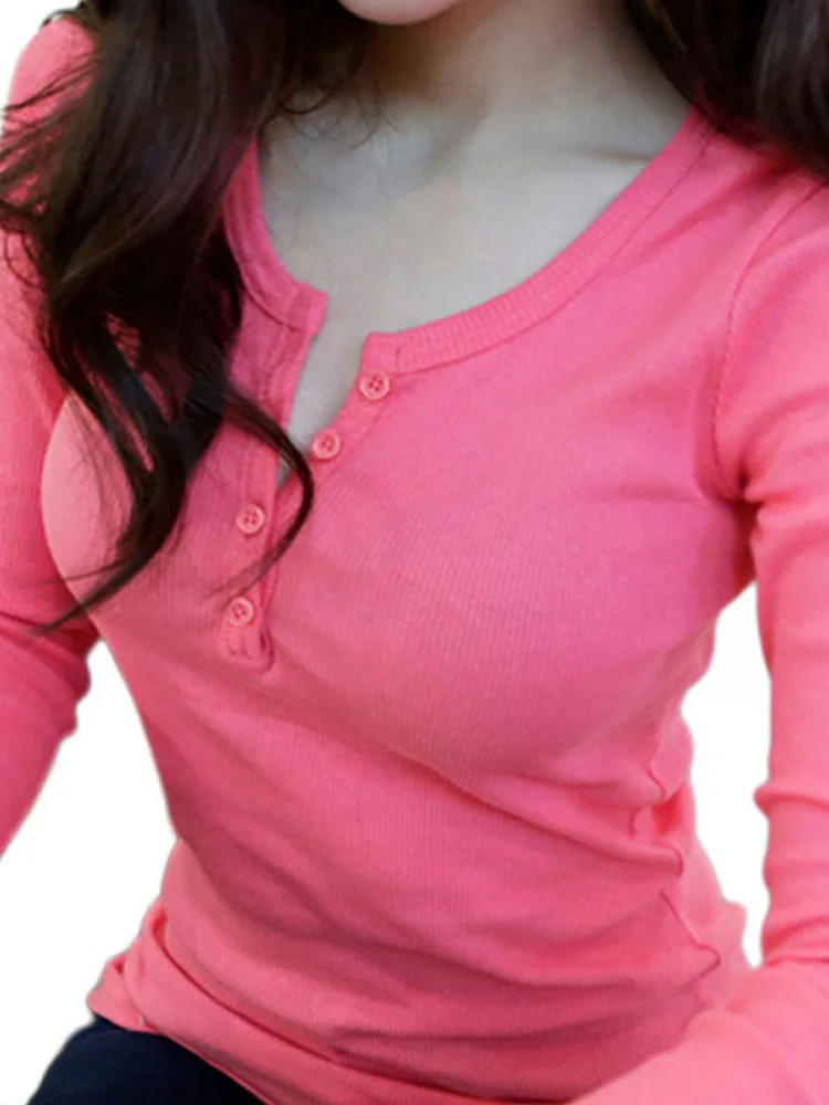 2023 Autumn Women Ribbed Buttons Up Long Sleeve T Shirts Korean Style Casual Vintage Tops Slim Fit Thin Knitted O Neck T-shirt
