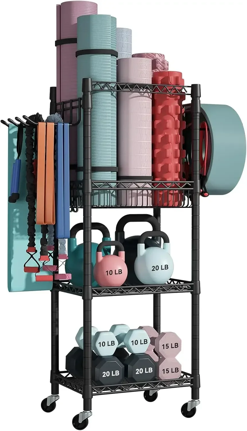 Home Gym Storage, 3 Tiers Workout Equipment Organizer with Wheels for Yoga Mats, Foam Roller, Dumbbells, Kettlebells,