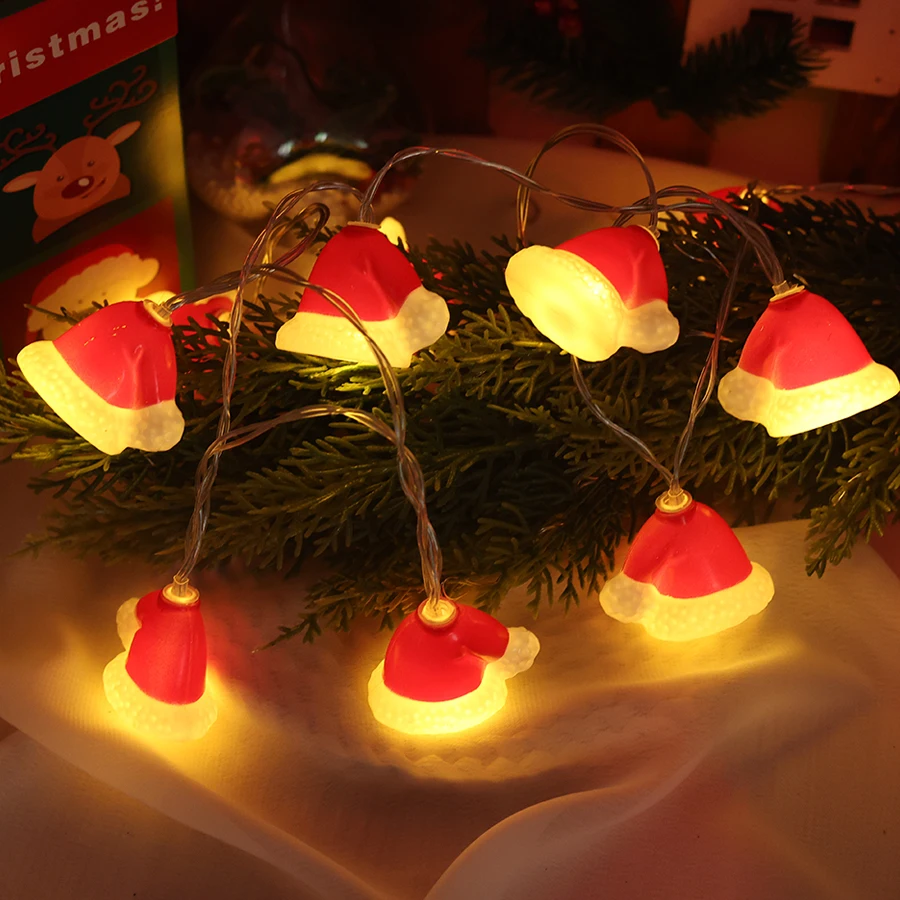 LED Christmas decorations, Christmas hats, festive atmosphere, Christmas tree decorations, colorful lights, string lights